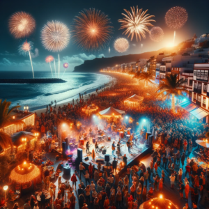 Un Capodanno A Gran Canaria Brindare Al 2024 Con 24 Gradi E Una Vita   DALL·E 2023 12 29 17.18.04 A Vibrant New Years Eve Celebration On The Beach Of Gran Canaria. The Scene Shows A Lively Crowd Of Diverse People With Fireworks Exploding In The N 300x300 